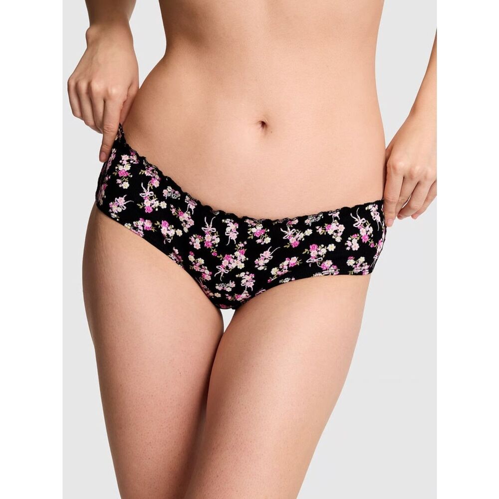 PINK Victoria’s Secret Cotton Cheeky Panty NEW Ruffle Black Floral